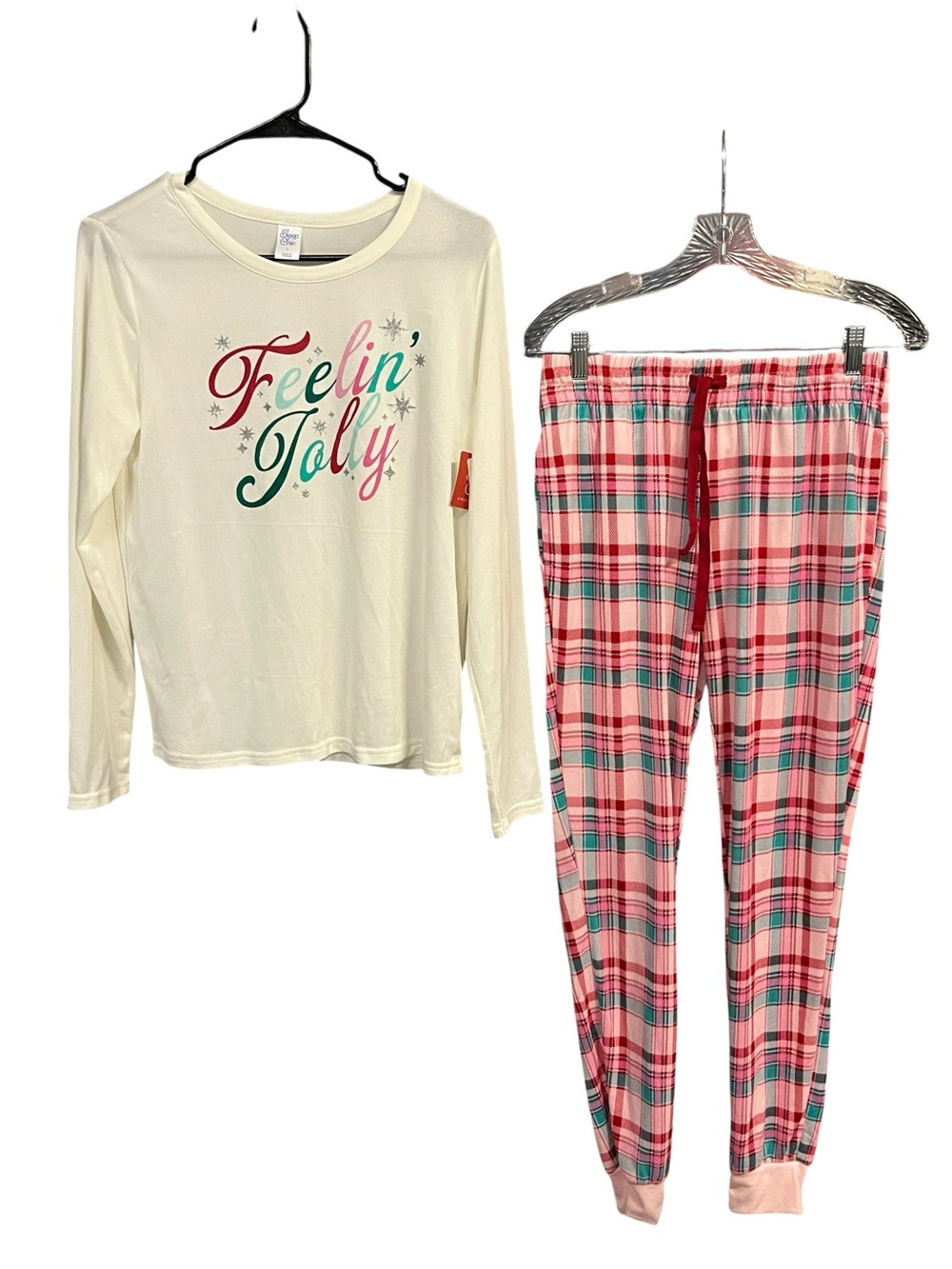 NWT Sleep Chic Feelin Jolly Holiday Pajama Set Cream Pink Plaid Cozy Christmas